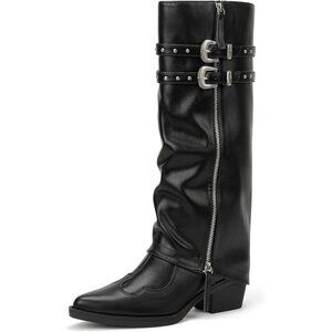 Women's Black Fold Over Cowgirl Knee High Pointed Toe Block Chunky Heel Boots